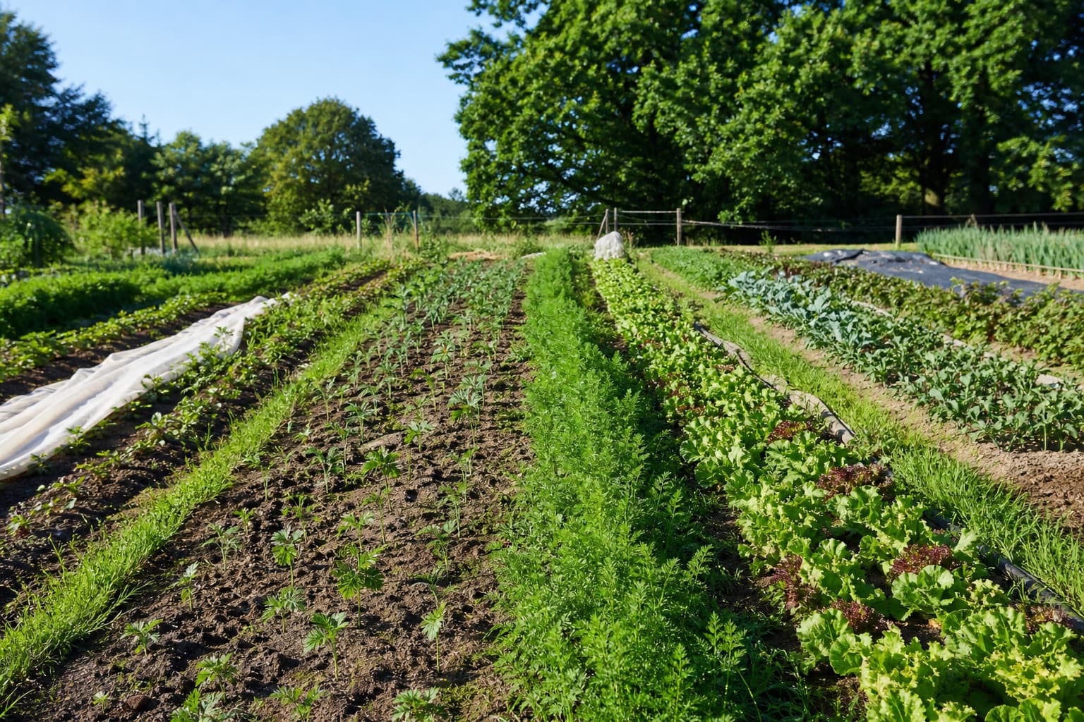 Marktgarten mit Beeten in verschiedenen Wachstumsstadien